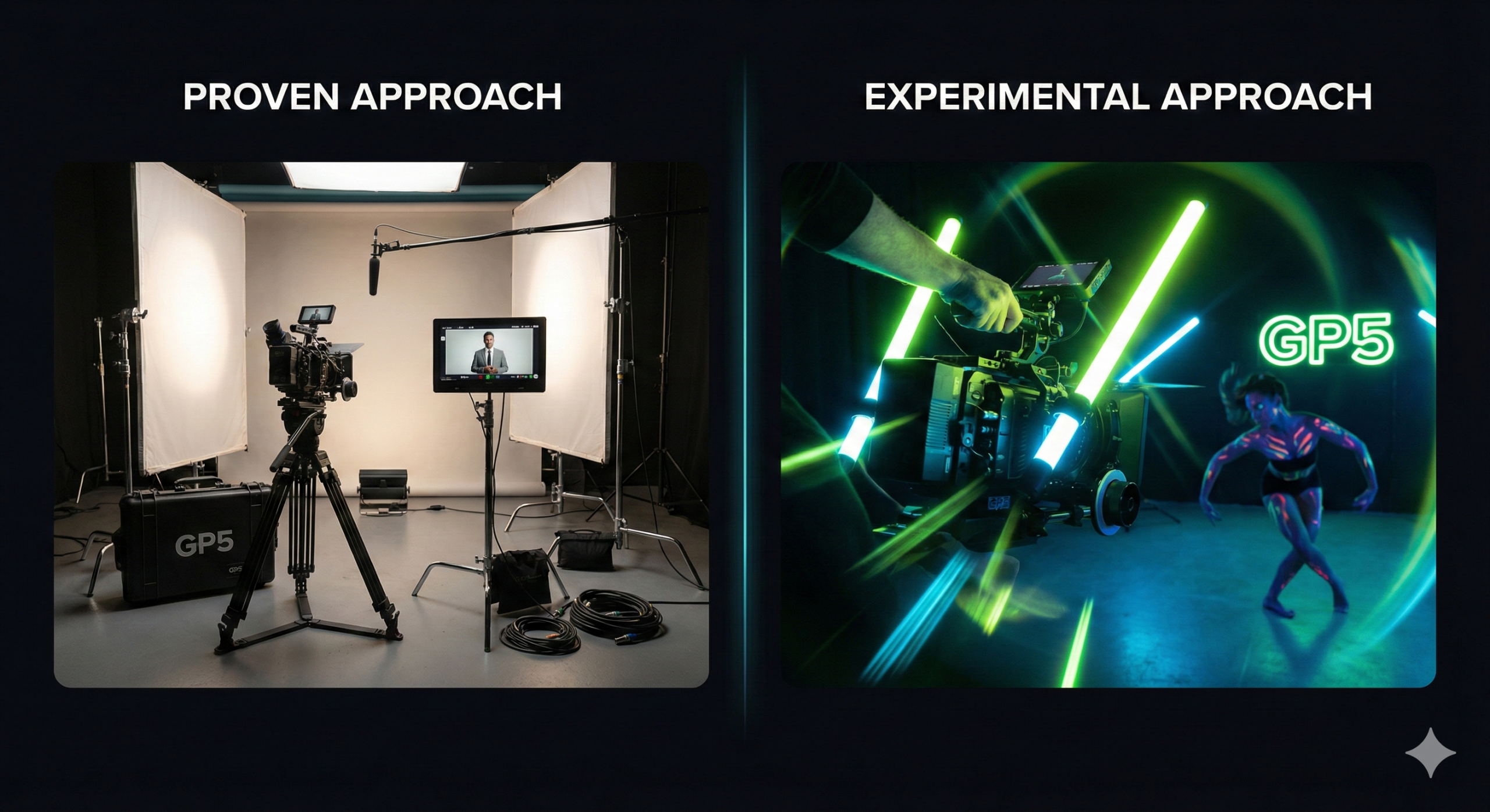 Split-screen showing proven content strategy versus experimental approach with neon accents