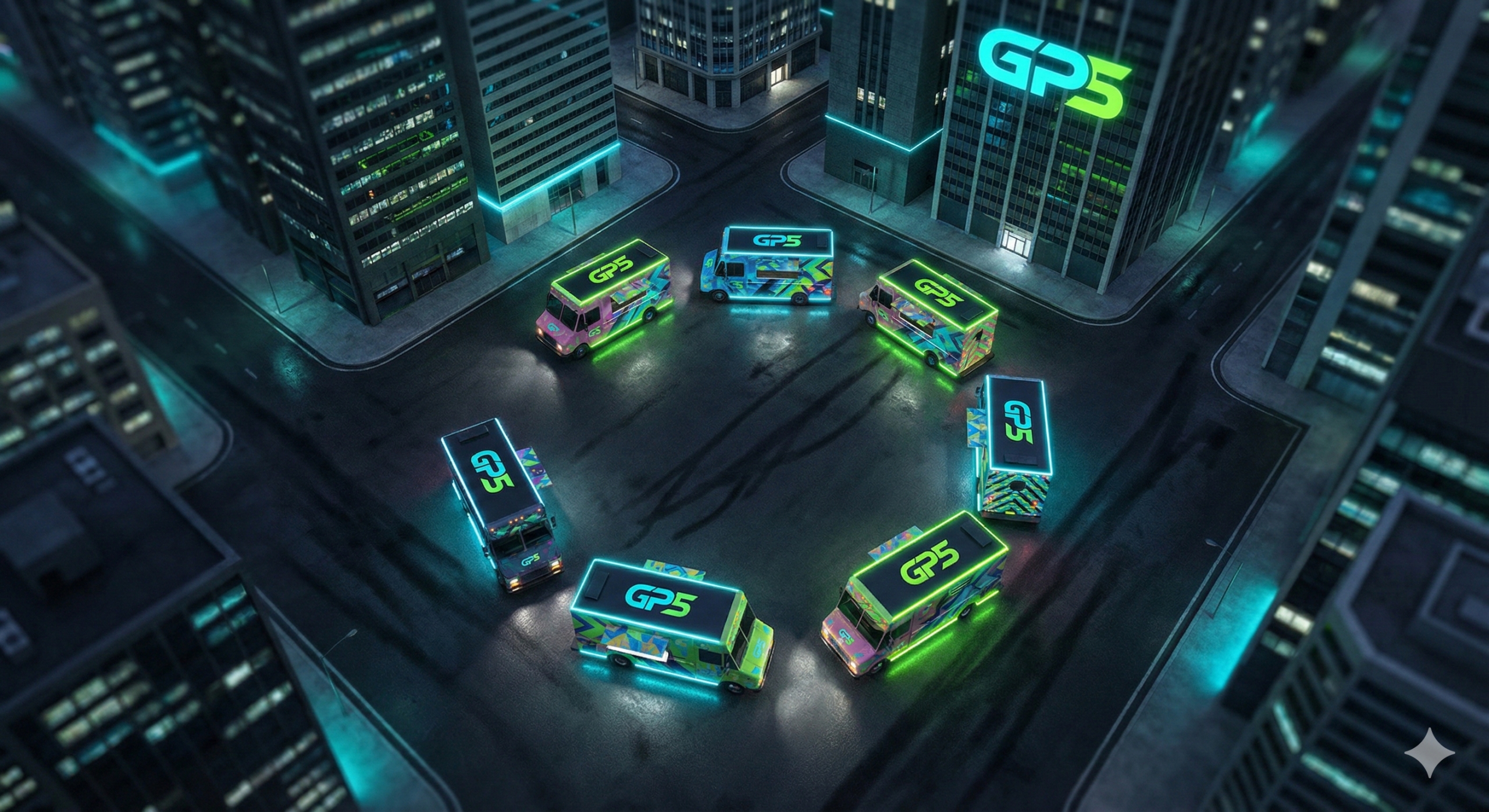 Aerial view of seven food trucks with neon lighting showing business growth and expansion