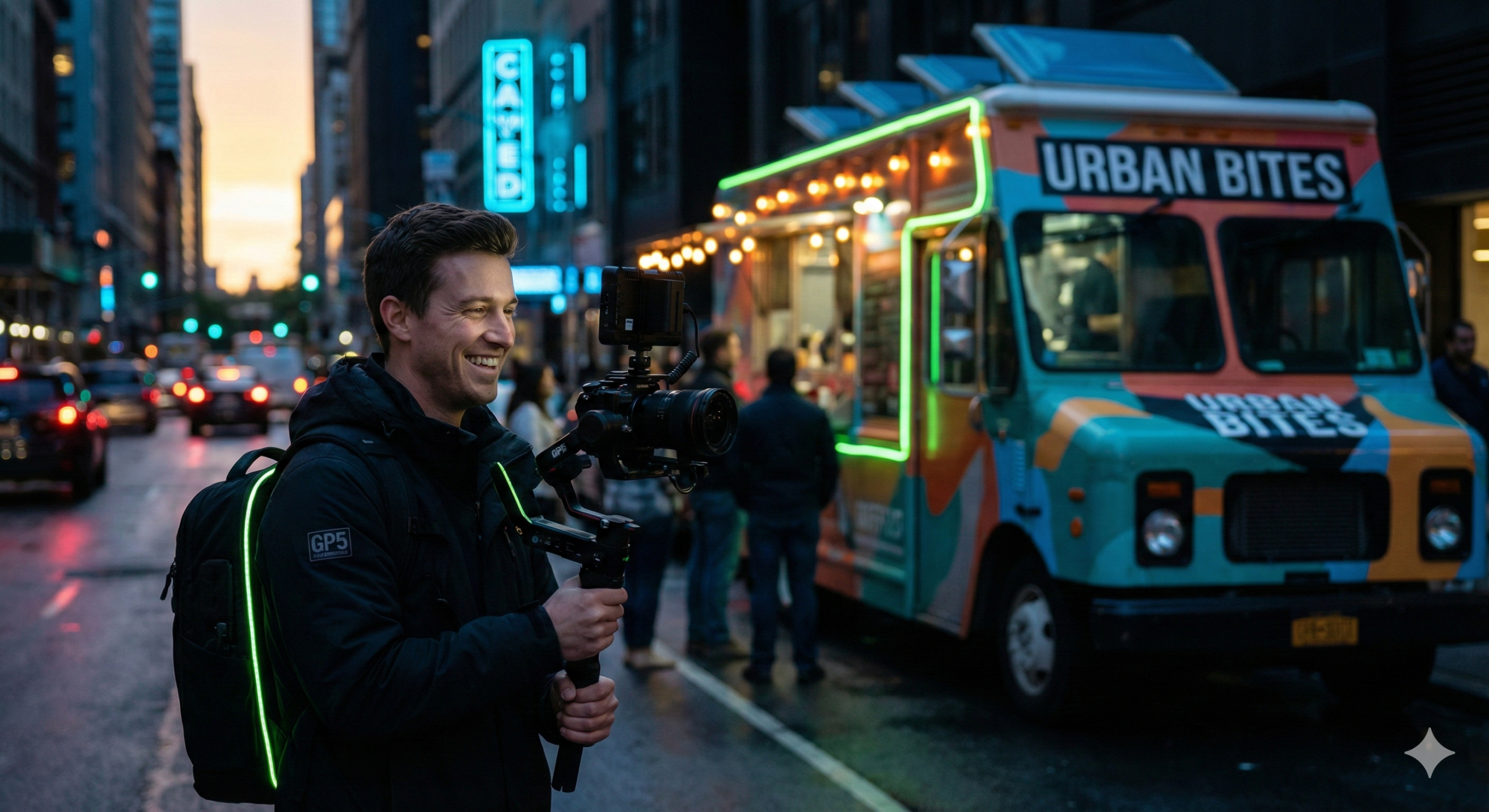 Content creator filming food truck with professional equipment at golden hour